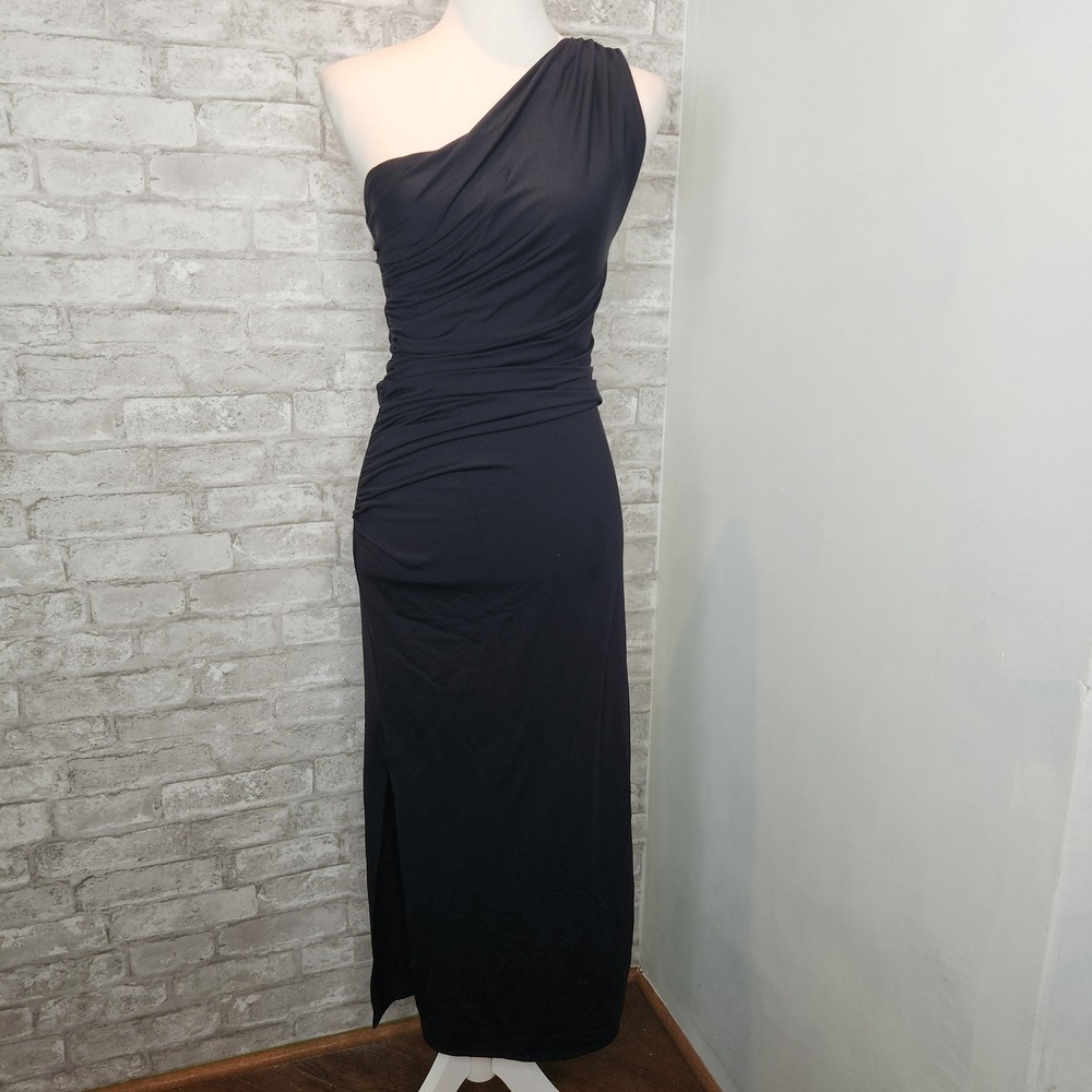 Zara Black One Shoulder Ruched Bodycon Maxi Dress 90s Minimalist S